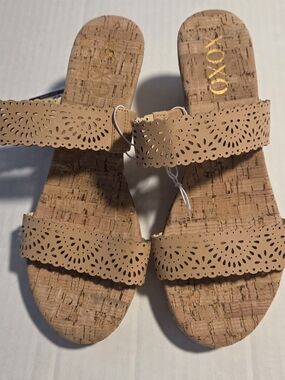 XOXO Beige Laser-Cut Cork Slide Sandals